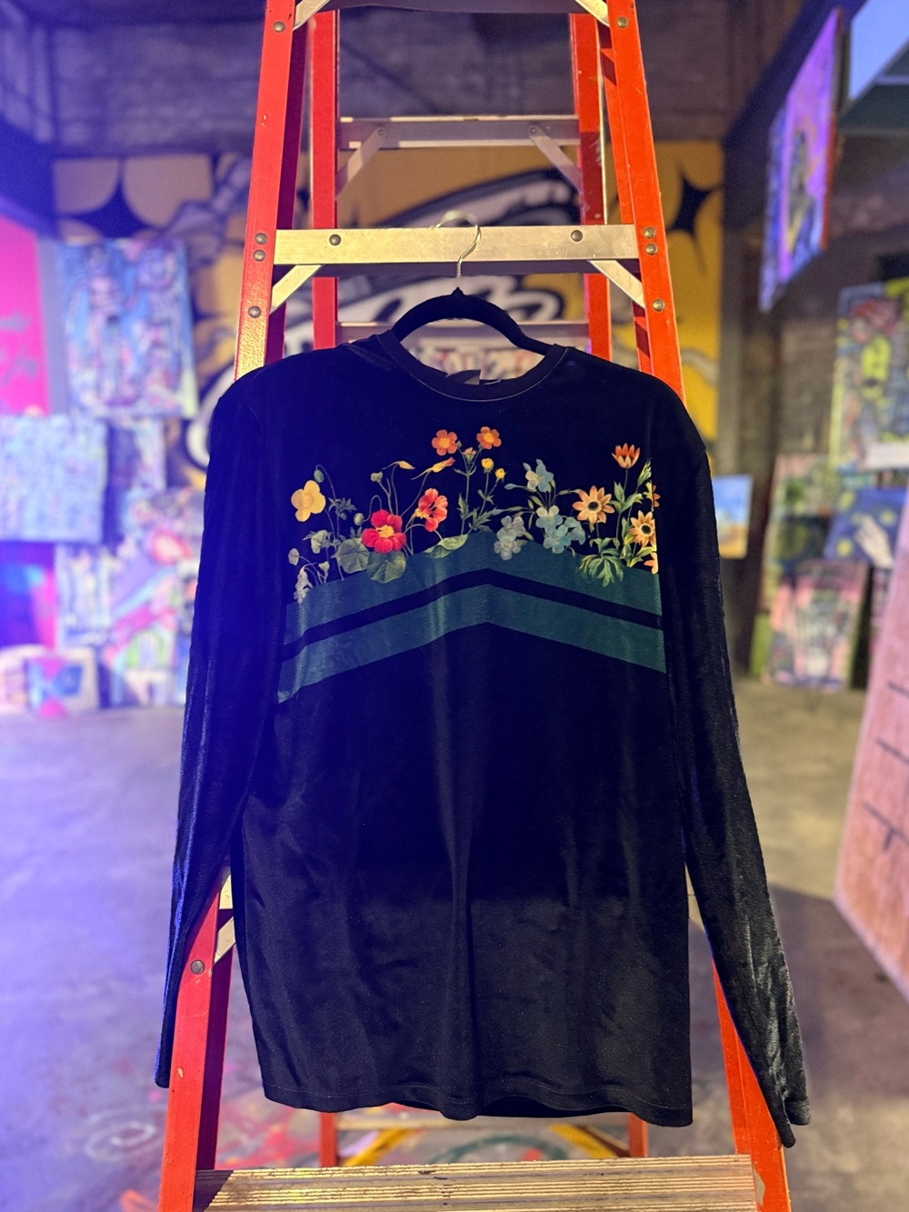 Floral Velvet Crewneck Sweater in Black and Teal